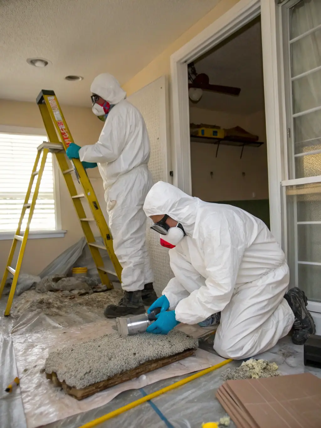 An image of workers carefully removing asbestos from a building, with proper containment and safety equipment, highlighting MD Prestige Inc.'s decontamination services.