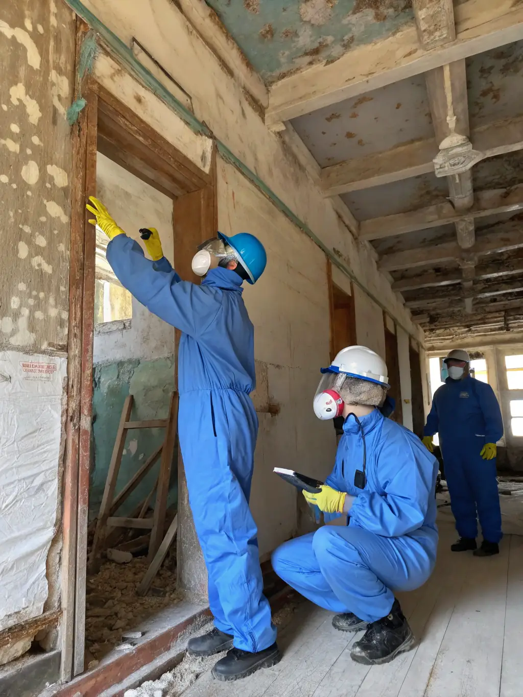 Technicians in protective gear removing asbestos from a building interior.
